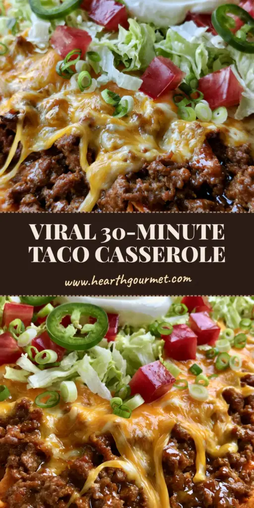 A gourmet walking taco casserole in a ceramic dish with melted cheese, glistening beef, and fresh vegetable toppings.