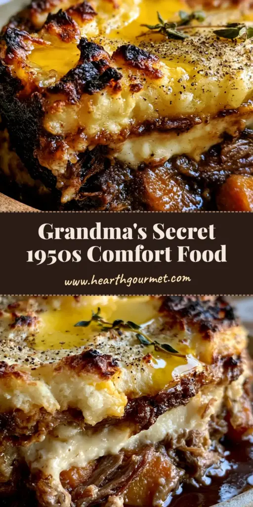 A close-up side profile of a vintage recipe savory meat pie with shredded pot roast, mahogany gravy, and charred potato peaks.