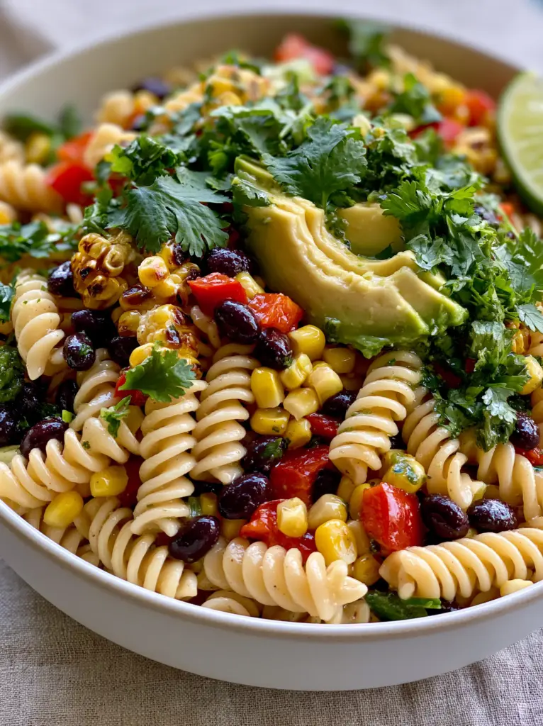 Cowboy Caviar Pasta Salad with Zesty Lime Vinaigrette 1 Wide white bowl of Cowboy Caviar Pasta Salad on a linen surface with fresh cilantro garnish.