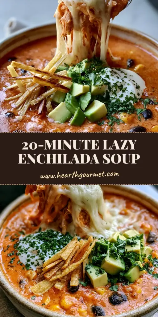A close-up of a rustic bowl of Creamy chicken enchilada soup with a spoon lifting stretchy Monterey Jack cheese.