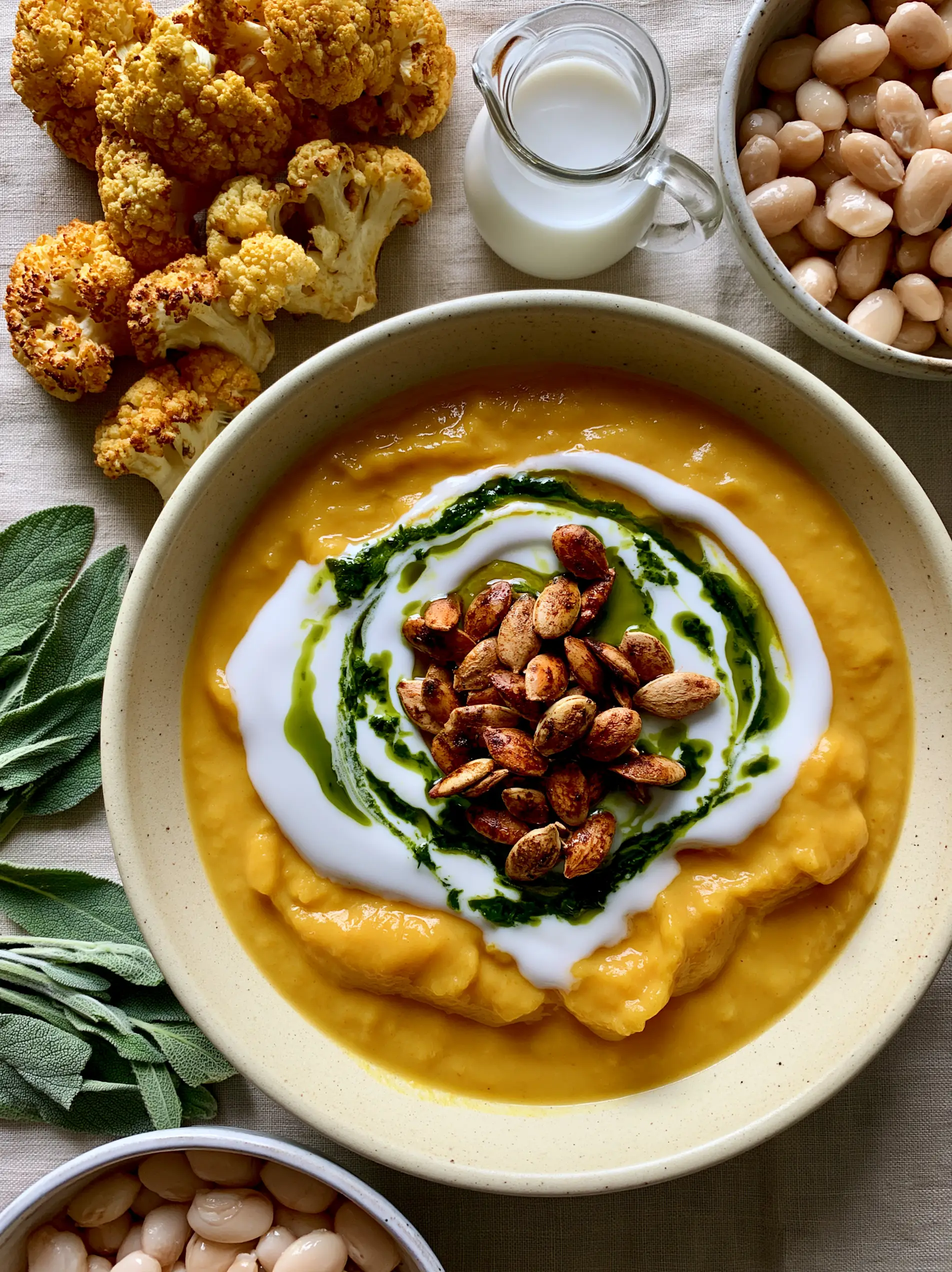 A high-angle visual recipe layout for simple soup ideas featuring a matte cream bowl of soup surrounded by fresh ingredients like sage, cauliflower, and beans.