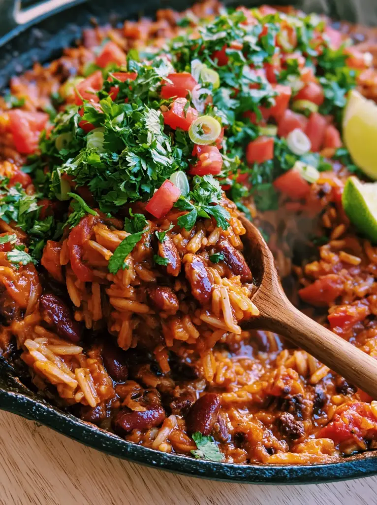 Close-up of Kidney Beans and Rice Skillet showing glossy dark-red beans and fluffy white rice grains in a tomato sauce.