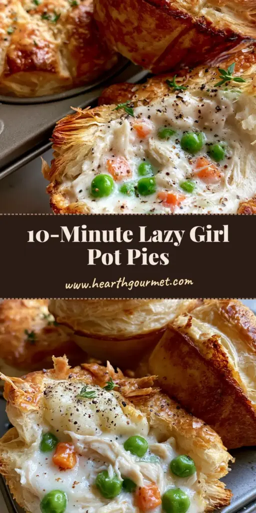 Three mini chicken pot pies with flaky puff pastry crusts arranged on a marble counter with fresh thyme. (mini chicken pot pies)