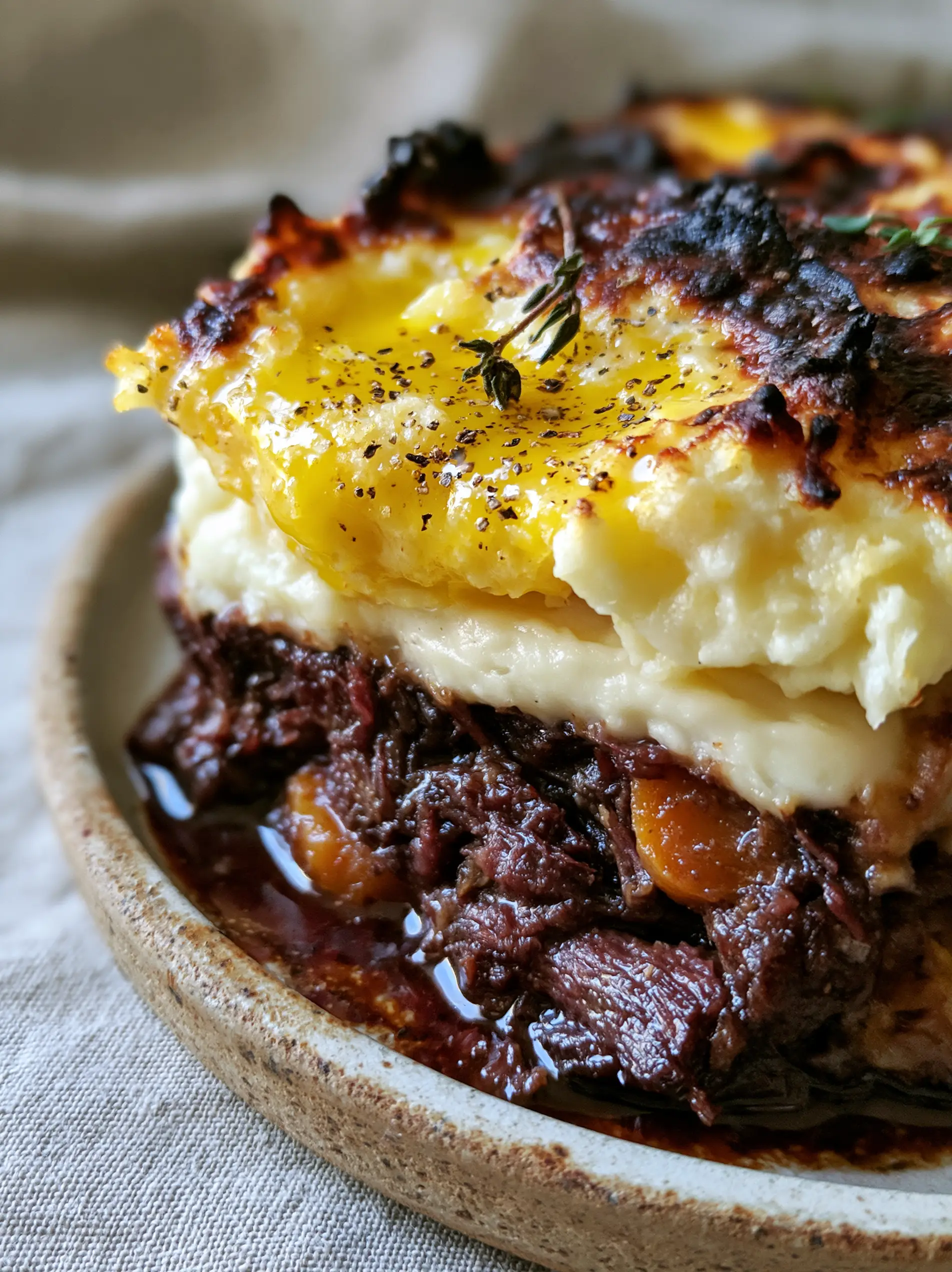 Macro view of a slice of meat pie showing mahogany gravy, shredded beef, and velvety cream layer. (vintage recipe)