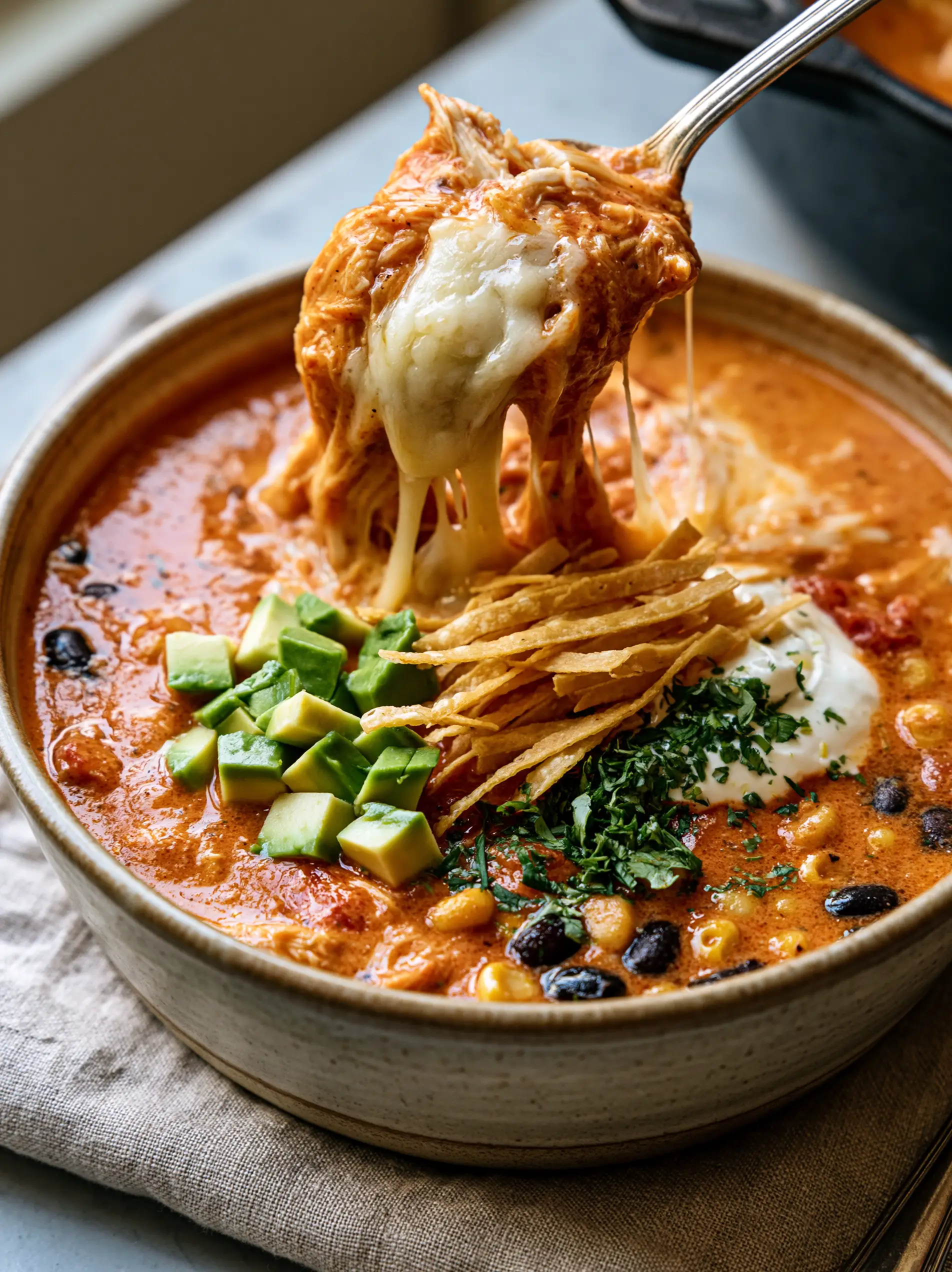 Handheld photo of Creamy chicken enchilada soup in a ceramic bowl with golden tortilla strips and avocado.