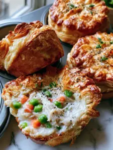 Handheld shot of mini chicken pot pies in a muffin tin, showing shattered pastry layers. (mini chicken pot pies)