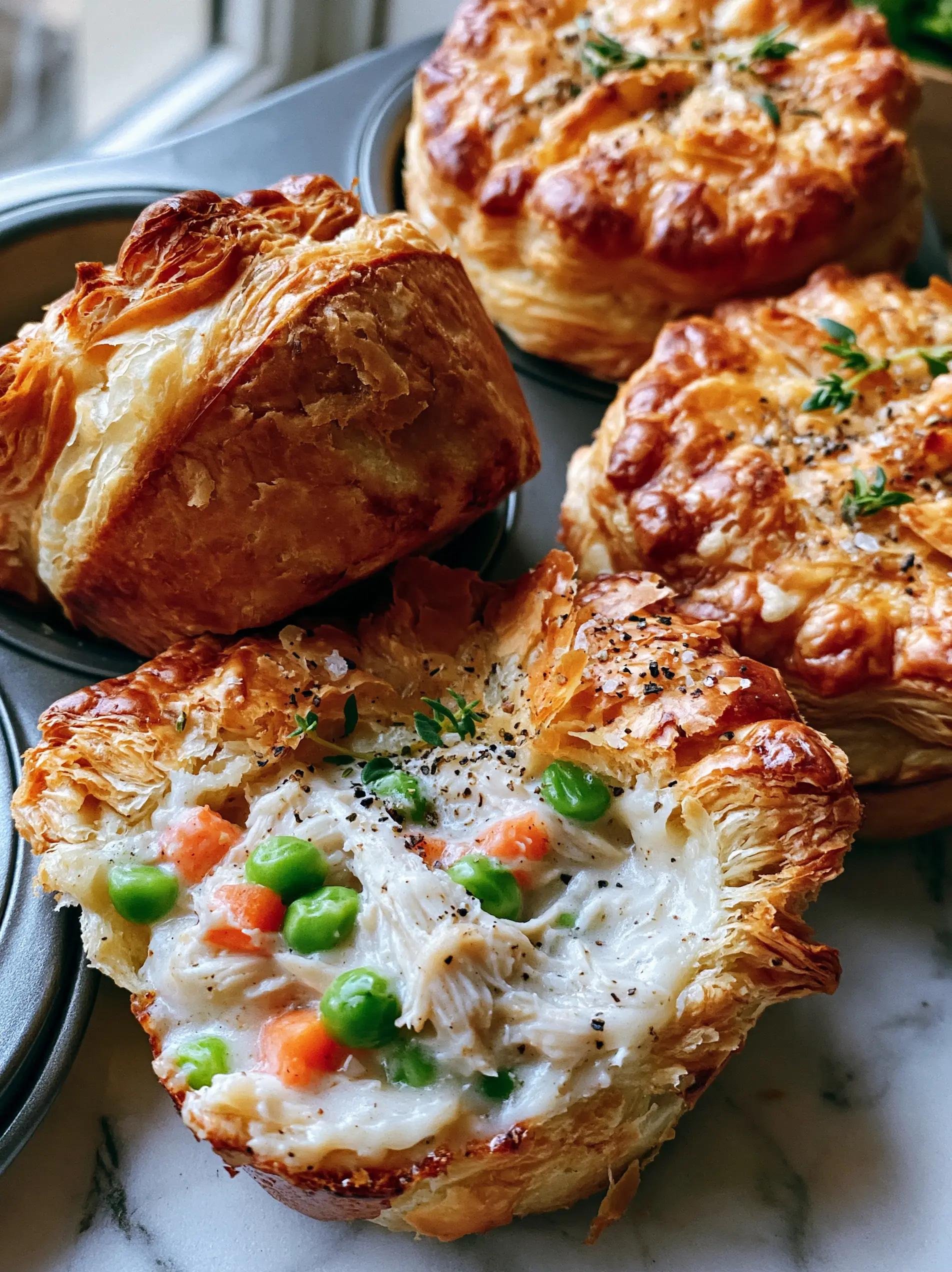 Handheld shot of mini chicken pot pies in a muffin tin, showing shattered pastry layers. (mini chicken pot pies)
