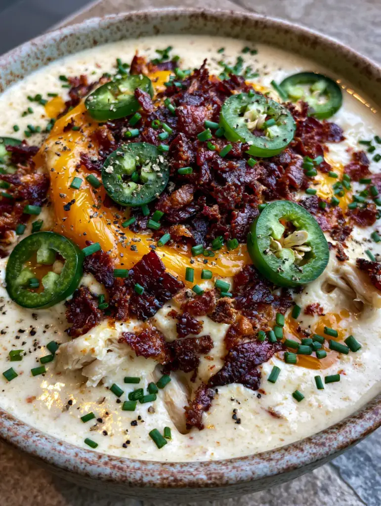 Handheld photo showing a swirl of orange cheddar and emerald chives atop Jalapeno Popper Soup.