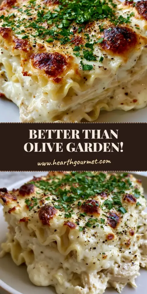 A thick slice of Chicken Alfredo Lasagna with wavy noodles, shredded rotisserie chicken, and a charred cheese top on a white plate. (Chicken Alfredo Lasagna)