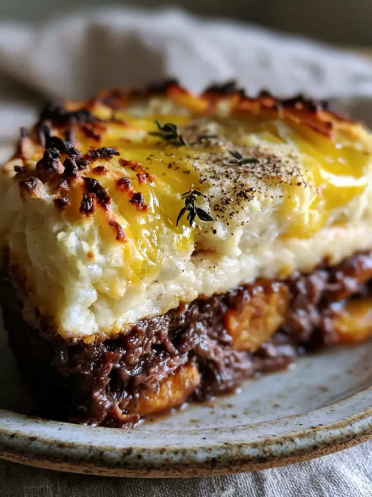 Close-up of charred mashed potato peaks with glistening melted yellow butter and cracked black pepper.