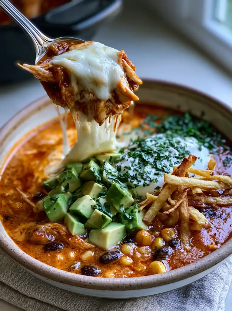 Macro view of the garnishes on a bowl of Creamy chicken enchilada soup including cilantro and sour cream.