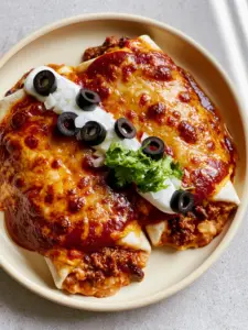 Top-down view of two large beef Enchiritos on a cream plate with sour cream dollops, black olives, and cilantro.