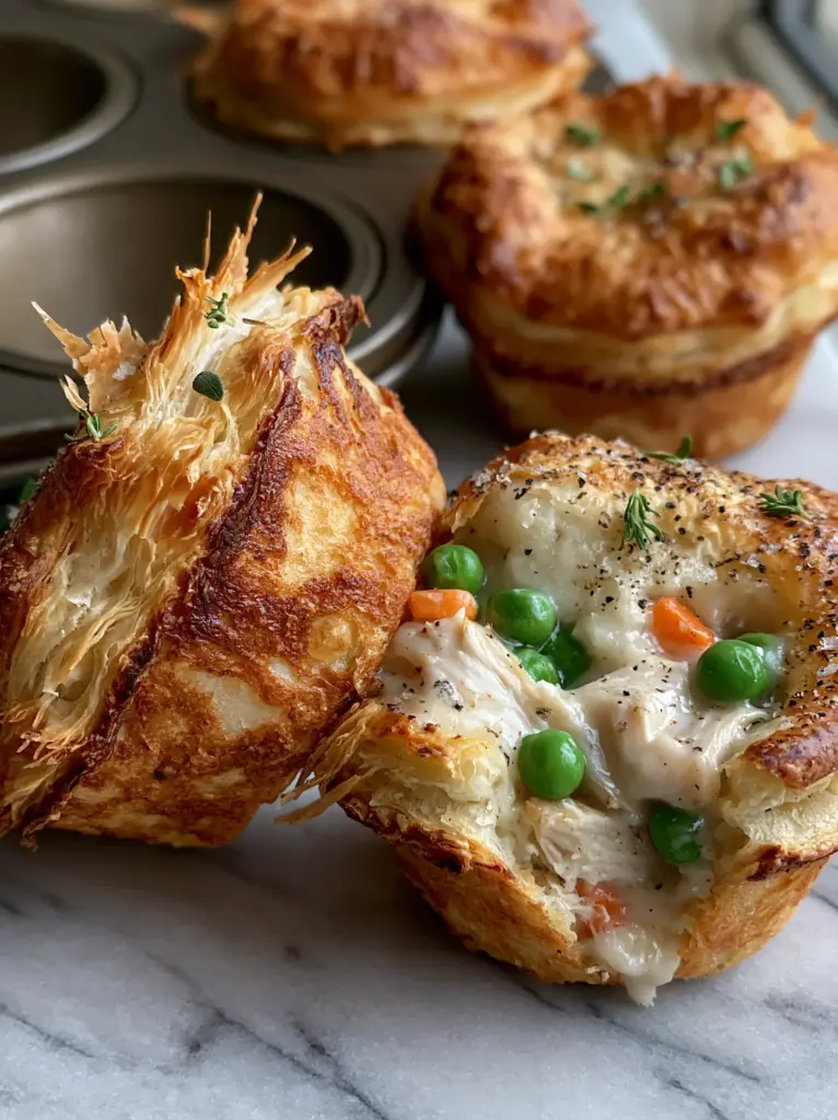 A mini chicken pot pie sliced open to reveal thick creamy white sauce, peas, and carrots.