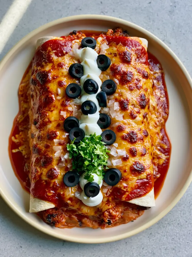 Enchirito: The Ultimate Homemade Smothered Beef and Bean Burrito 1 Detailed shot of melted bubbly sharp cheddar cheese over a crimson red Enchirito sauce.