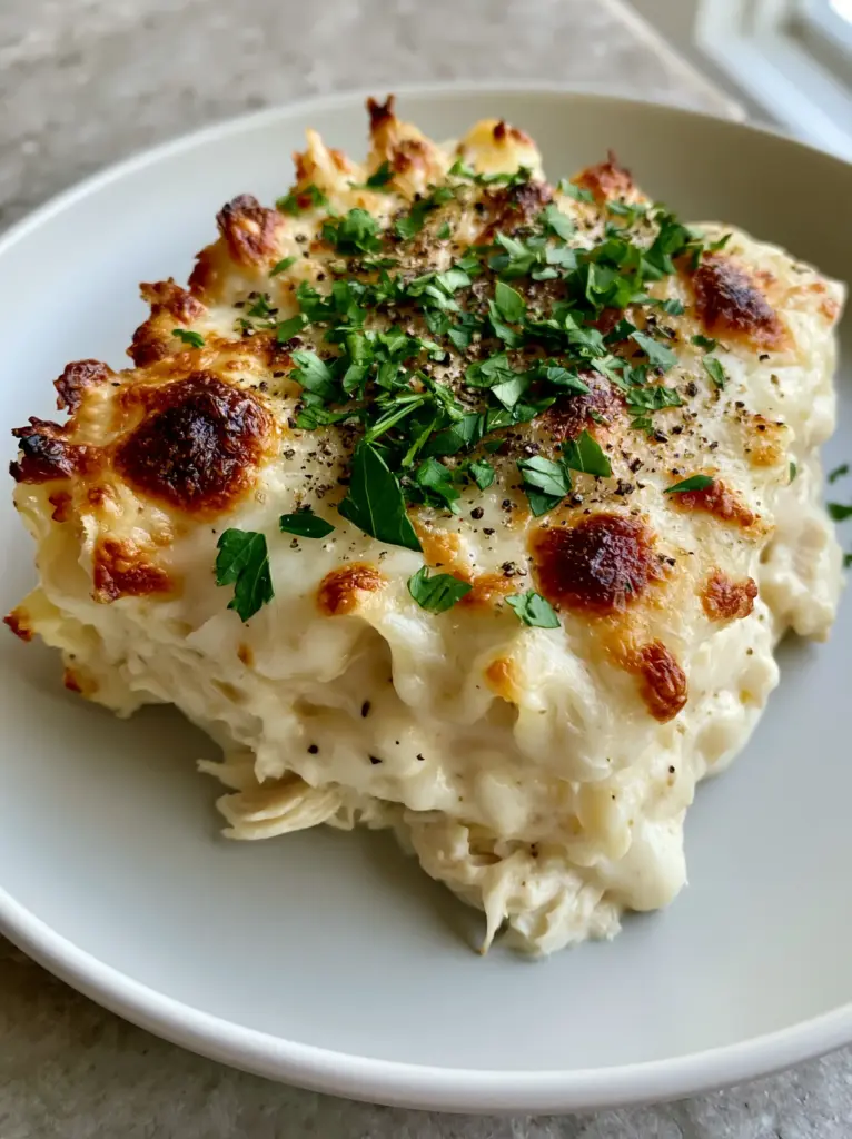 Extreme close-up of charred mozzarella bubbles and toasted parmesan on Chicken Alfredo Lasagna.
