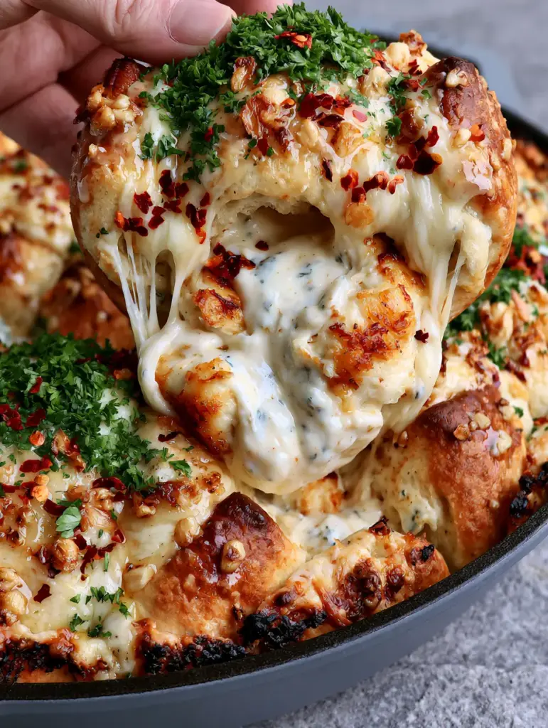 Detailed view of the oozing alfredo and chicken filling inside a pulled-apart garlic bread roll.
