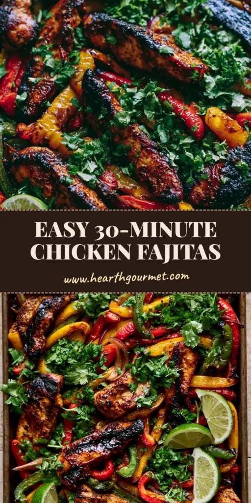 Chicken Fajitas Recipe with Charred Peppers and Smoky Glaze 4 A sizzling dark metal sheet pan filled with charred chicken strips, blistered red and yellow peppers, and fresh cilantro. (Chicken Fajitas Recipe)