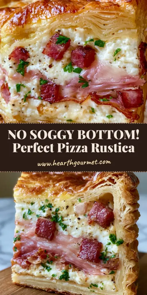 A tall, upright slice of Pizza Rustica showing the dense meat and cheese filling and flaky golden crust. (Pizza Rustica)