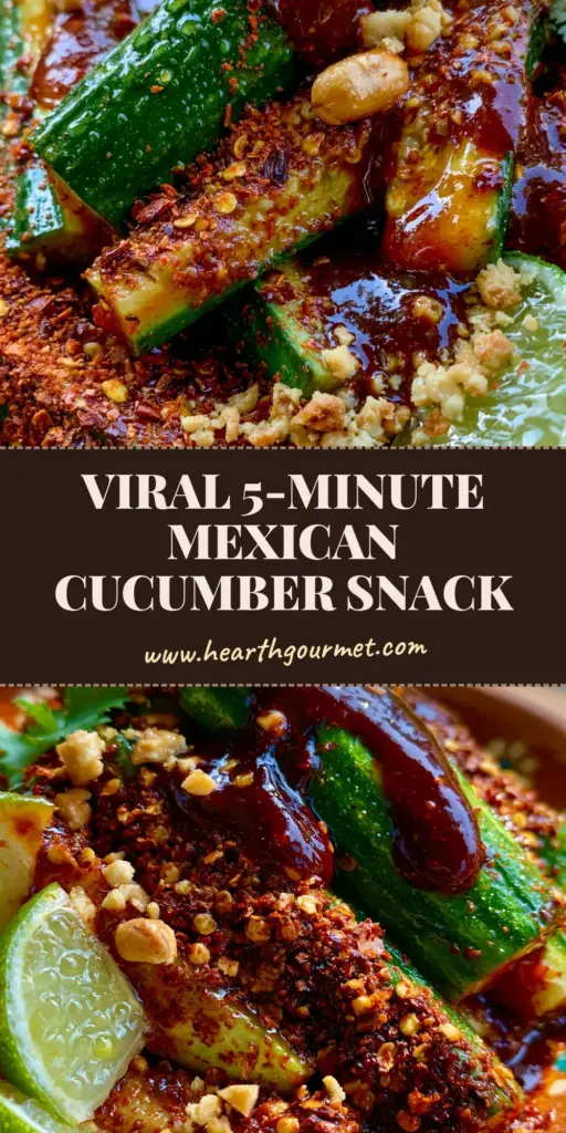 A towering pile of Mexican cucumber salad spears in a rustic clay bowl, heavily coated in red Tajin and glossy chamoy sauce with lime wedges. (Mexican cucumber salad)