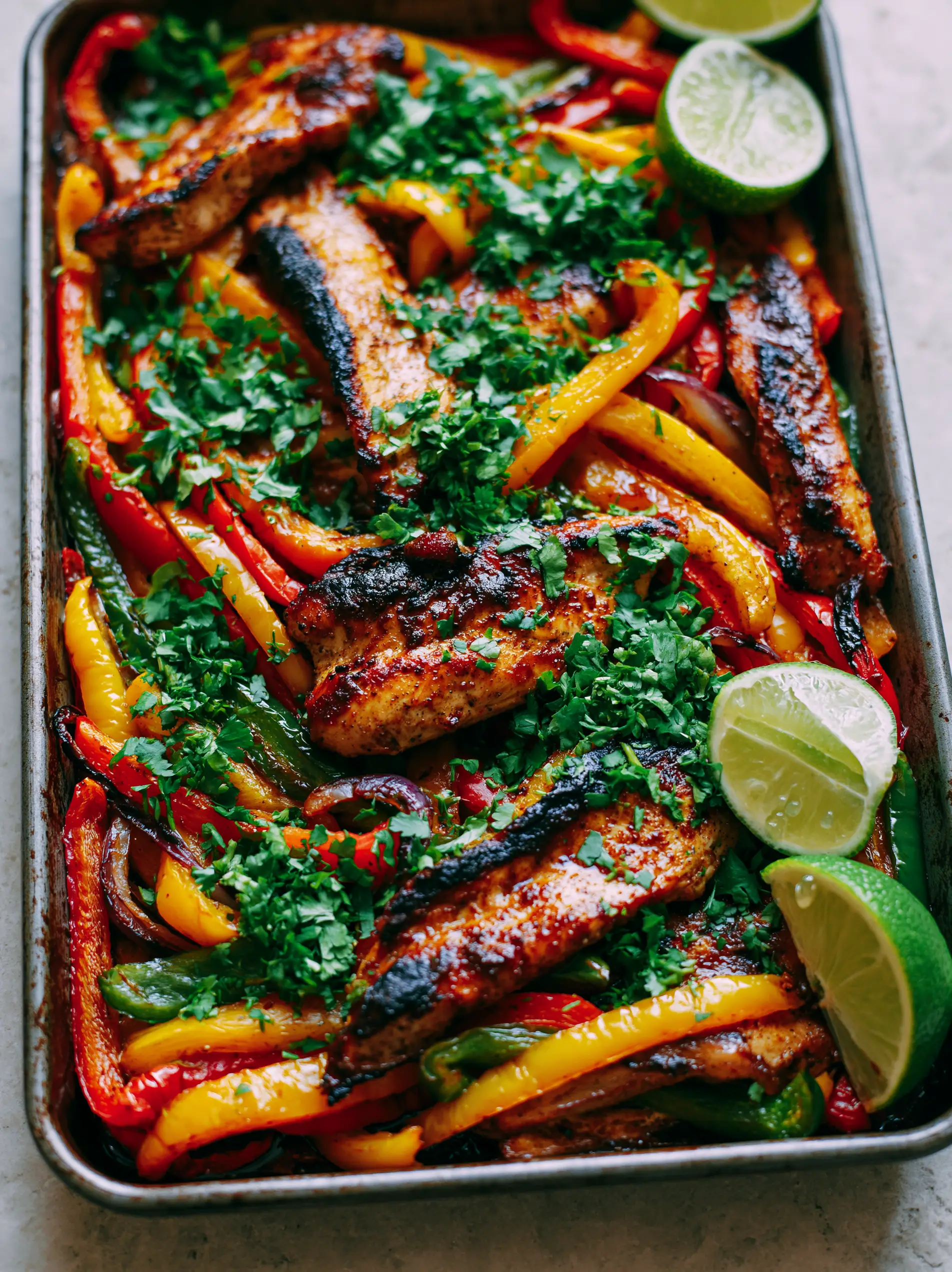Chicken Fajitas Recipe with Charred Peppers and Smoky Glaze 3 Overhead shot of seared chicken breast strips with dark charred edges and glistening smoky glaze on a rustic pan. (Chicken Fajitas Recipe)
