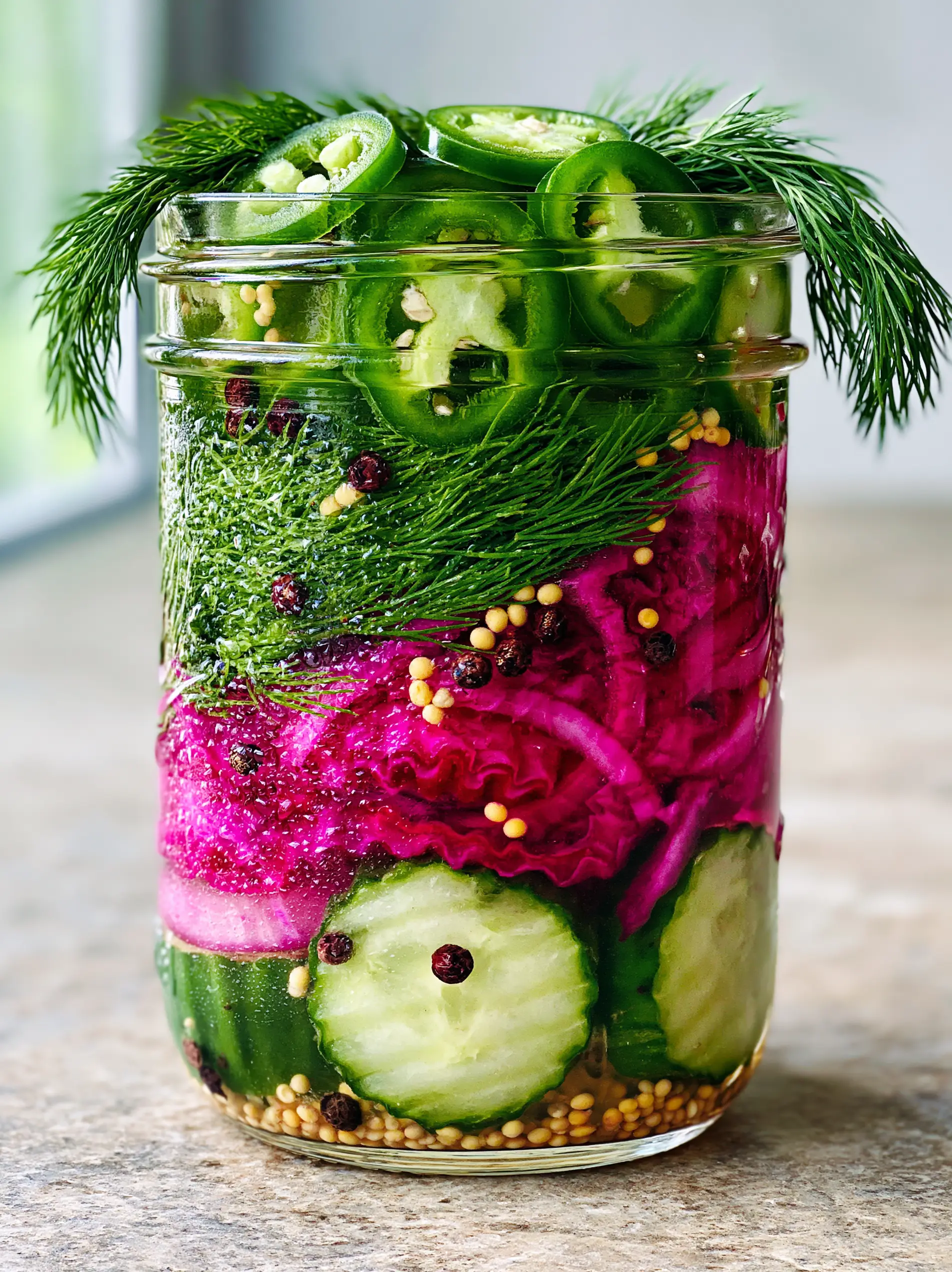 Close up photo of pickling recipes featuring thick crinkle-cut cucumbers and vibrant red onions in a clear jar.