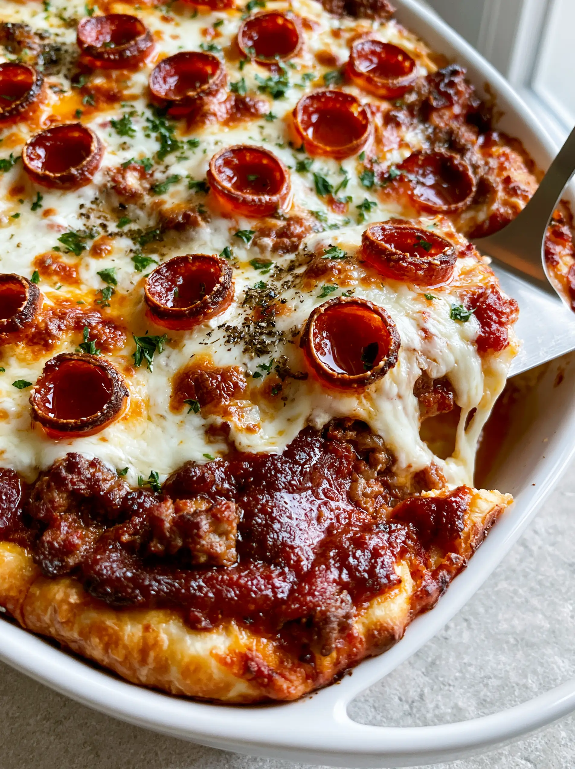 A Meat Lover's Pizza Casserole showing layers of crescent crust, thick marinara meat sauce, and bubbling mozzarella. (Hamburger Sausage & Pepperoni Pie)