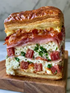 Close-up of Pizza Rustica crust with a glistening egg-wash sheen and flaky layers. (Pizza Rustica)
