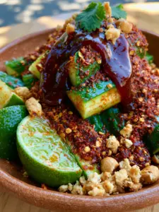 Close-up of chilled Mexican cucumber salad showing the dew on the cucumber spears and the gritty texture of Tajin seasoning. (Mexican cucumber salad)