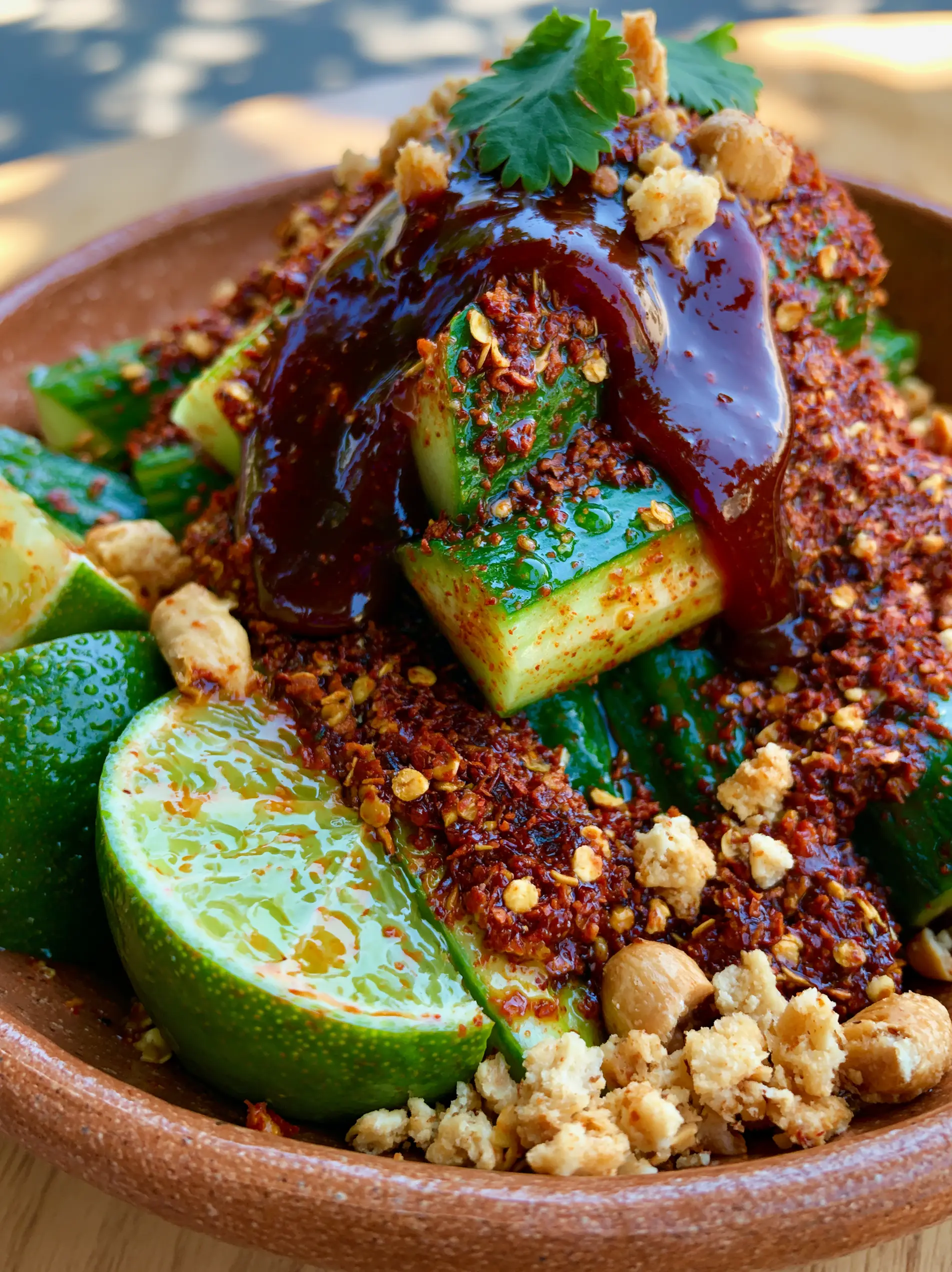 Close-up of chilled Mexican cucumber salad showing the dew on the cucumber spears and the gritty texture of Tajin seasoning. (Mexican cucumber salad)