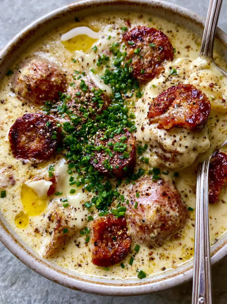 A spoonful of thick kielbasa potato soup with skin-on red potatoes and melted cheese wisps. (kielbasa potato soup)