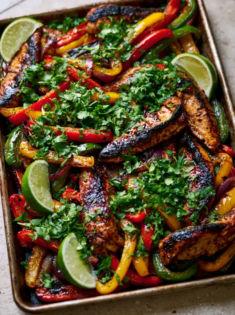 Chicken Fajitas Recipe with Charred Peppers and Smoky Glaze 1 A vibrant mosaic of red, yellow, and green bell peppers with visible blistered skins and caramelized red onion. (Chicken Fajitas Recipe)
