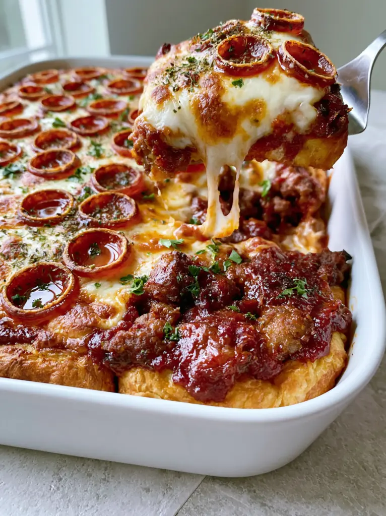 Close-up of golden-brown toasted spots on melted mozzarella and dried oregano flakes on a Hamburger Sausage & Pepperoni Pie.