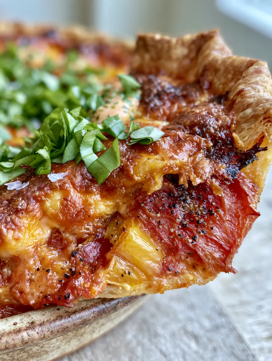 A slice of Southern Tomato Pie being lifted to show thick layers of red and yellow heirloom tomatoes and a flaky crust.
