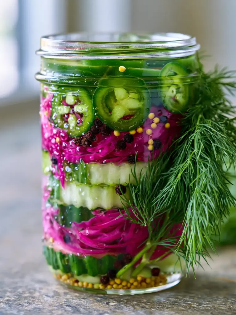 A handheld smartphone photo of a glass jar with condensation, highlighting fresh dill and jalapeño rounds for pickling recipes.