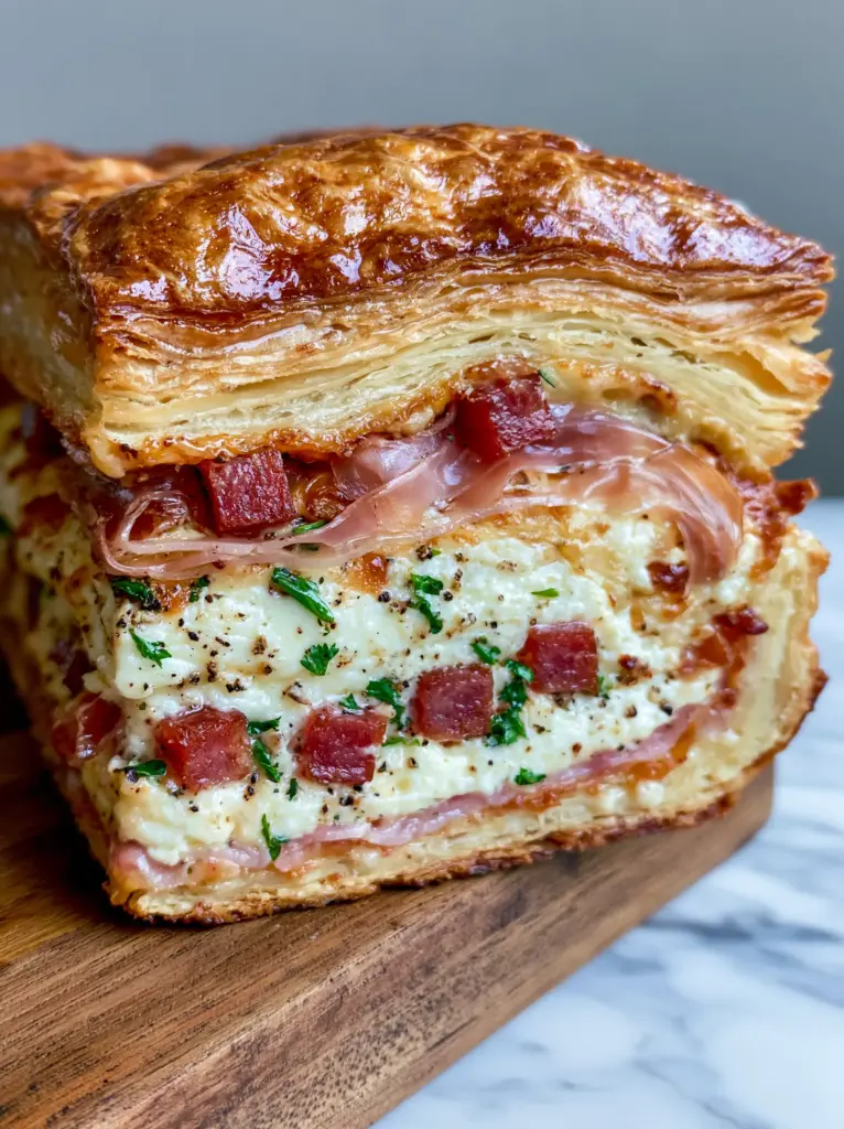 Cross-section of Pizza Rustica revealing cubed salami, prosciutto, and creamy ricotta filling. (Pizza Rustica)
