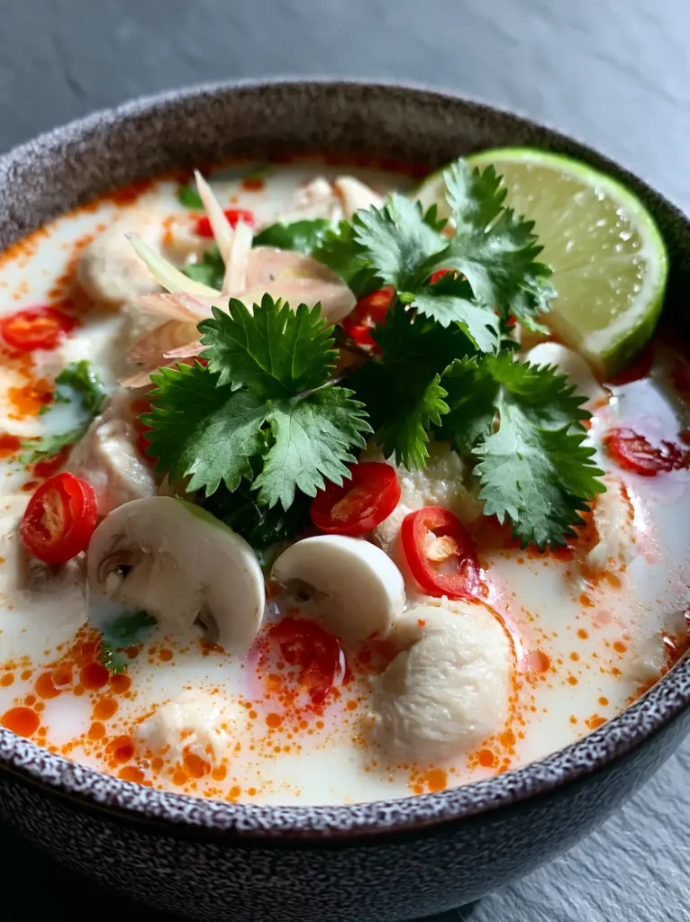 A close-up of succulent poached chicken and sliced mushrooms in a Thai coconut chicken soup garnished with red chili and lemongrass.
