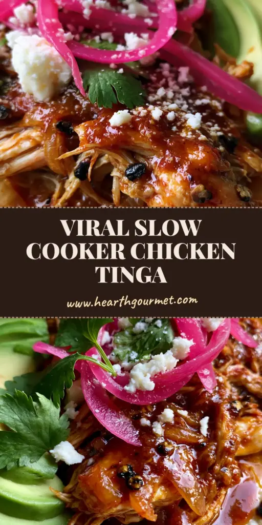 Chicken Tinga Recipe: Succulent Shredded Chicken in Smoky Chipotle Sauce 4 A close-up shot of the chicken tinga recipe featuring shredded chicken in a crimson sauce on a charred corn tortilla with pickled onions and avocado.