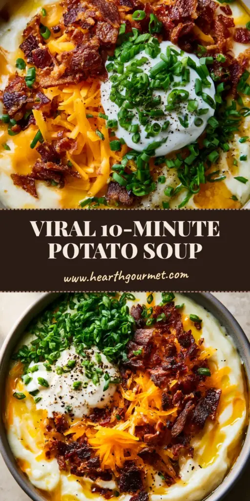 Mashed Potato Soup with Crispy Bacon and Sharp Cheddar 4 A high-angle close up of a stoneware bowl filled with creamy mashed potato soup topped with bacon, cheddar, and chives.