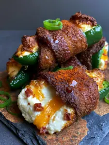 Macro eye-level shot of bacon wrapped jalapeno poppers revealing a dense cream cheese filling with sharp cheddar ribbons and red bacon bits.