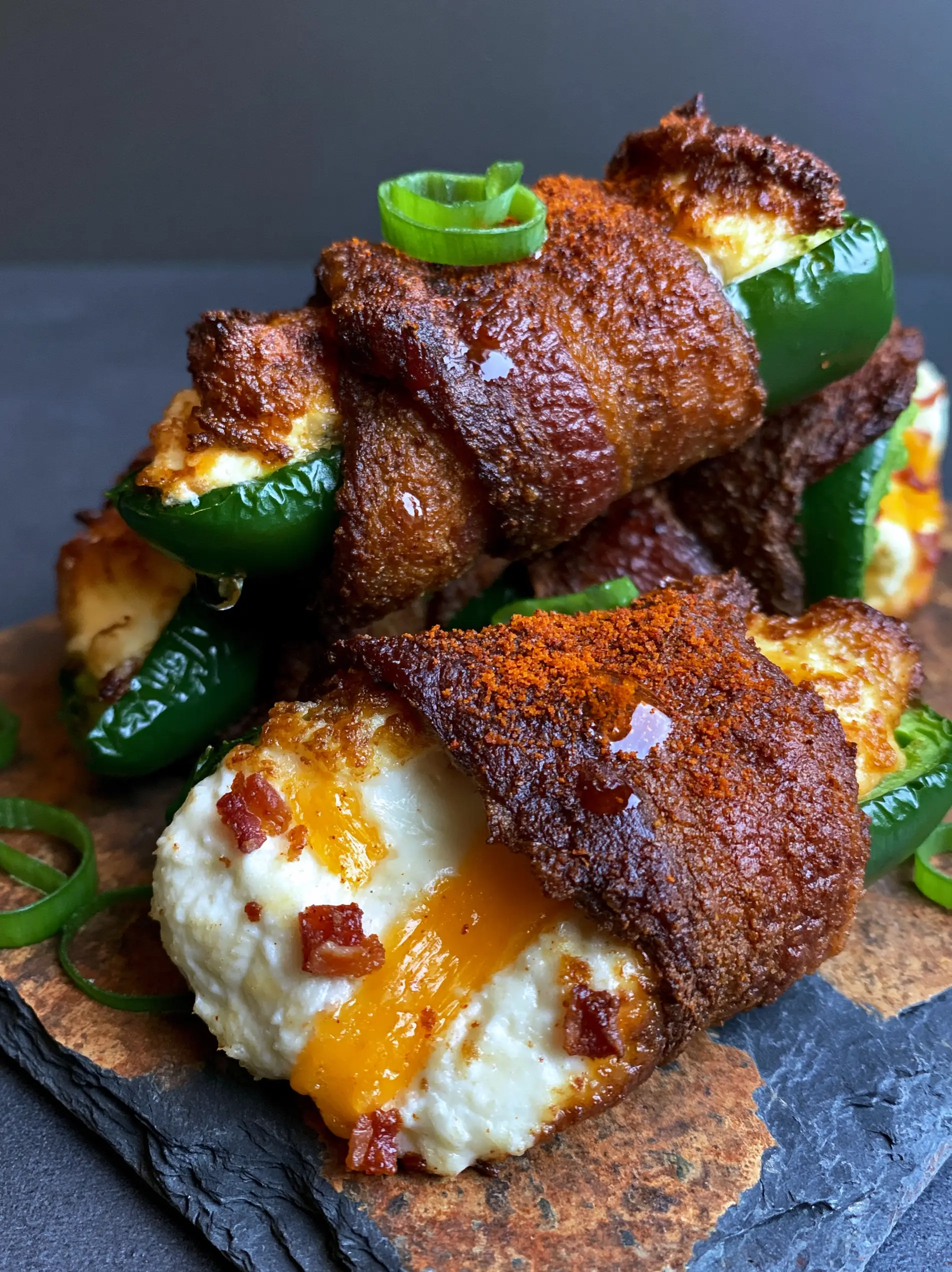 Macro eye-level shot of bacon wrapped jalapeno poppers revealing a dense cream cheese filling with sharp cheddar ribbons and red bacon bits.
