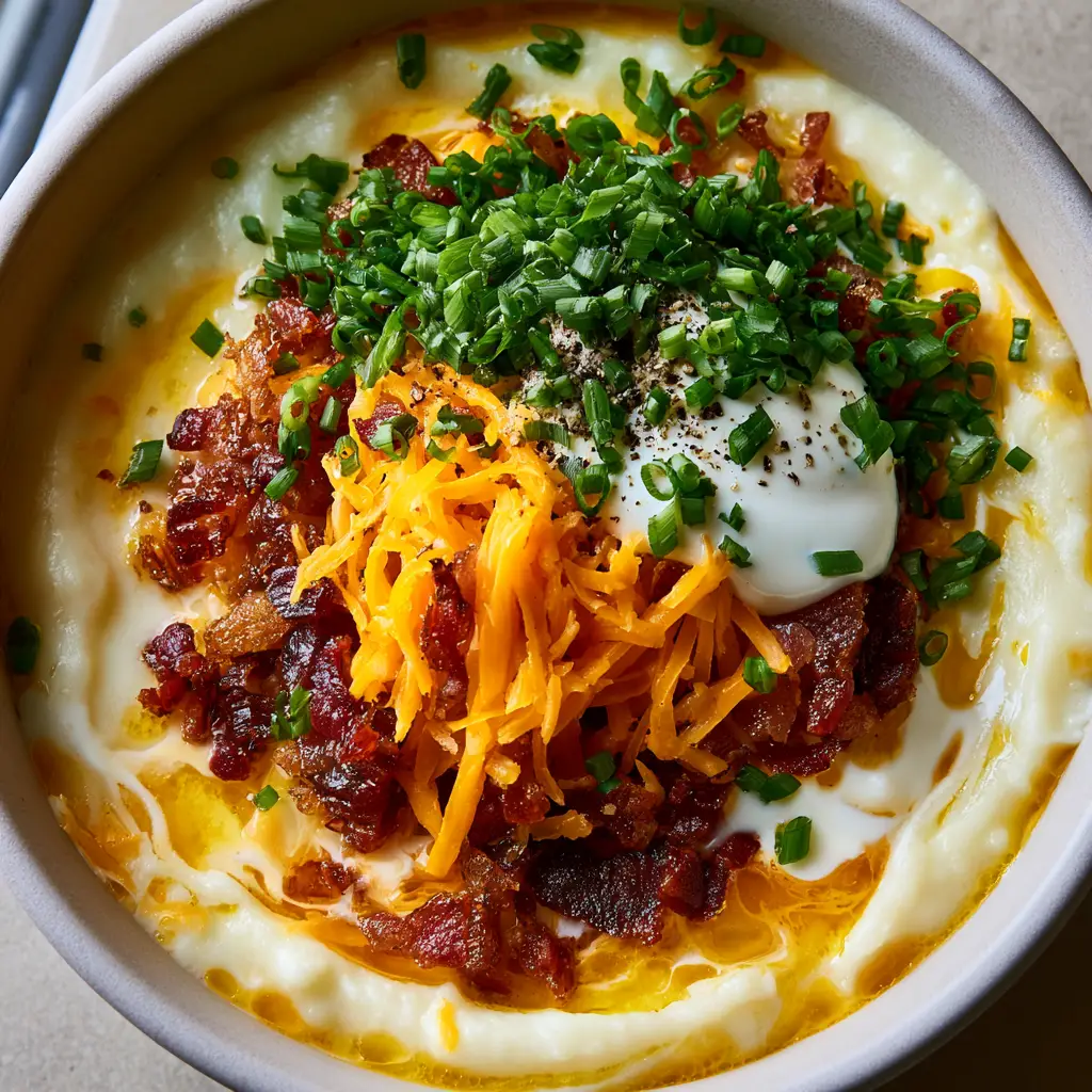 Mashed Potato Soup with Crispy Bacon and Sharp Cheddar 2 Close-up of silky mashed potato soup with golden butter pools and swirls of heavy cream.