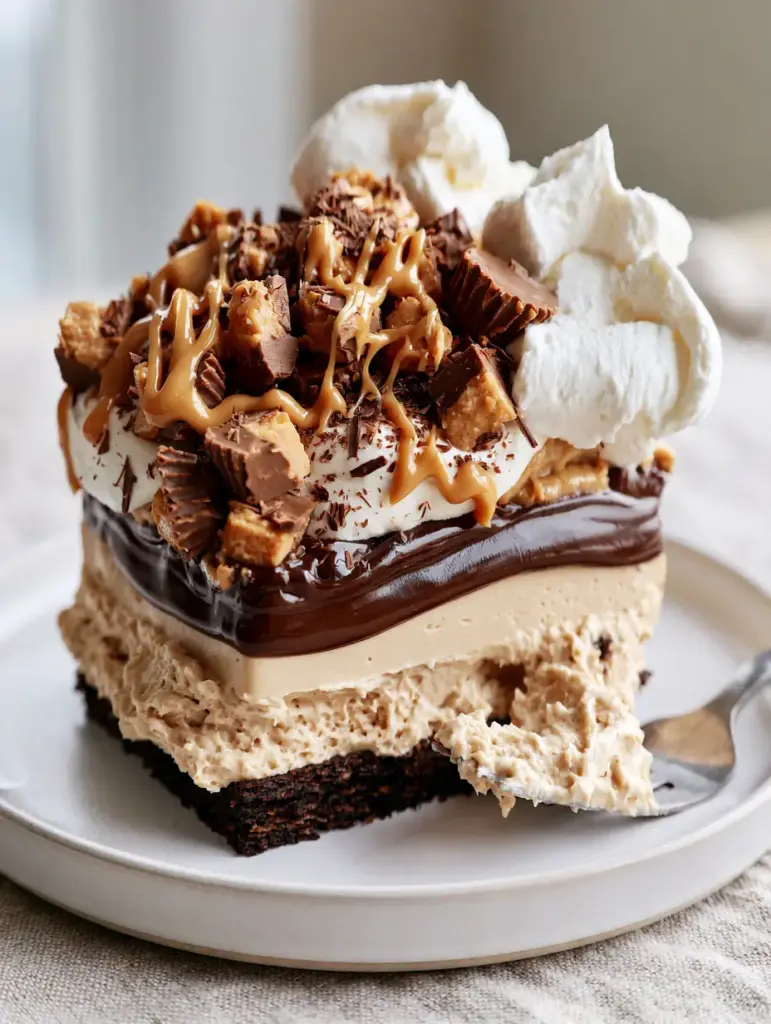 A close-up of a fork taking a bite out of a Peanut Butter Lasagna slice, highlighting the creamy interior and messy peanut butter drizzle.