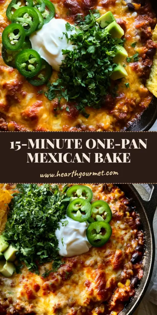 A rustic cast iron skillet filled with a cheesy Mexican beef casserole topped with avocado, crema, and serrano peppers. (Mexican dinner ideas)