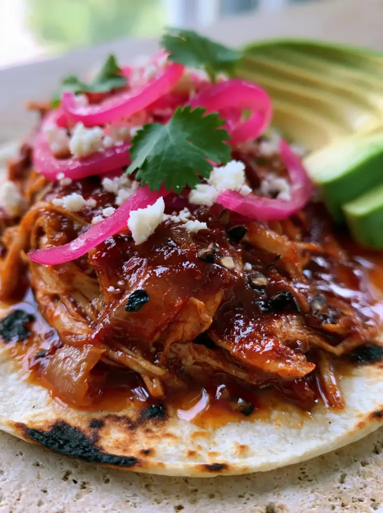 Chicken Tinga Recipe: Succulent Shredded Chicken in Smoky Chipotle Sauce 1 High angle shot of chicken tinga tacos with neon-pink pickled onions, emerald-green cilantro, and chalky queso fresco. (chicken tinga recipe)