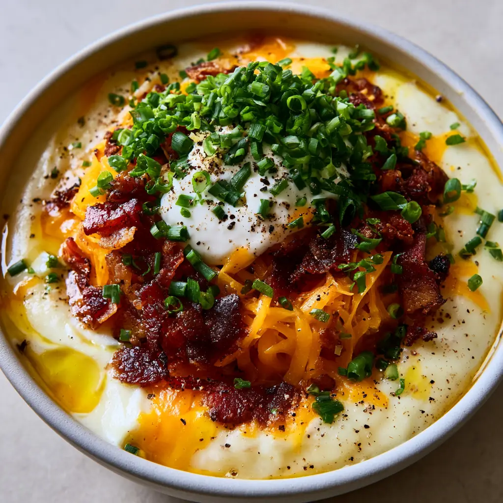 Mashed Potato Soup with Crispy Bacon and Sharp Cheddar 1 Mountain of toppings including orange cheddar, bacon, and sour cream on mashed potato soup.