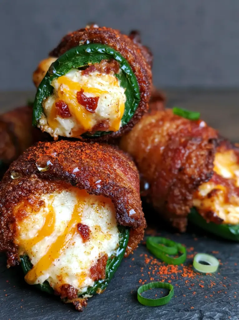 Tightly spiraled bacon wrapped jalapeno poppers glistening with clear oil droplets on a charcoal background.