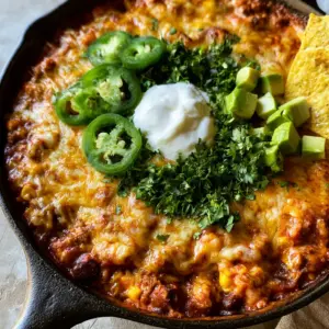 Macro top-down shot of bubbling melted cheese and fresh garnishes on a beef casserole. (Mexican dinner ideas)