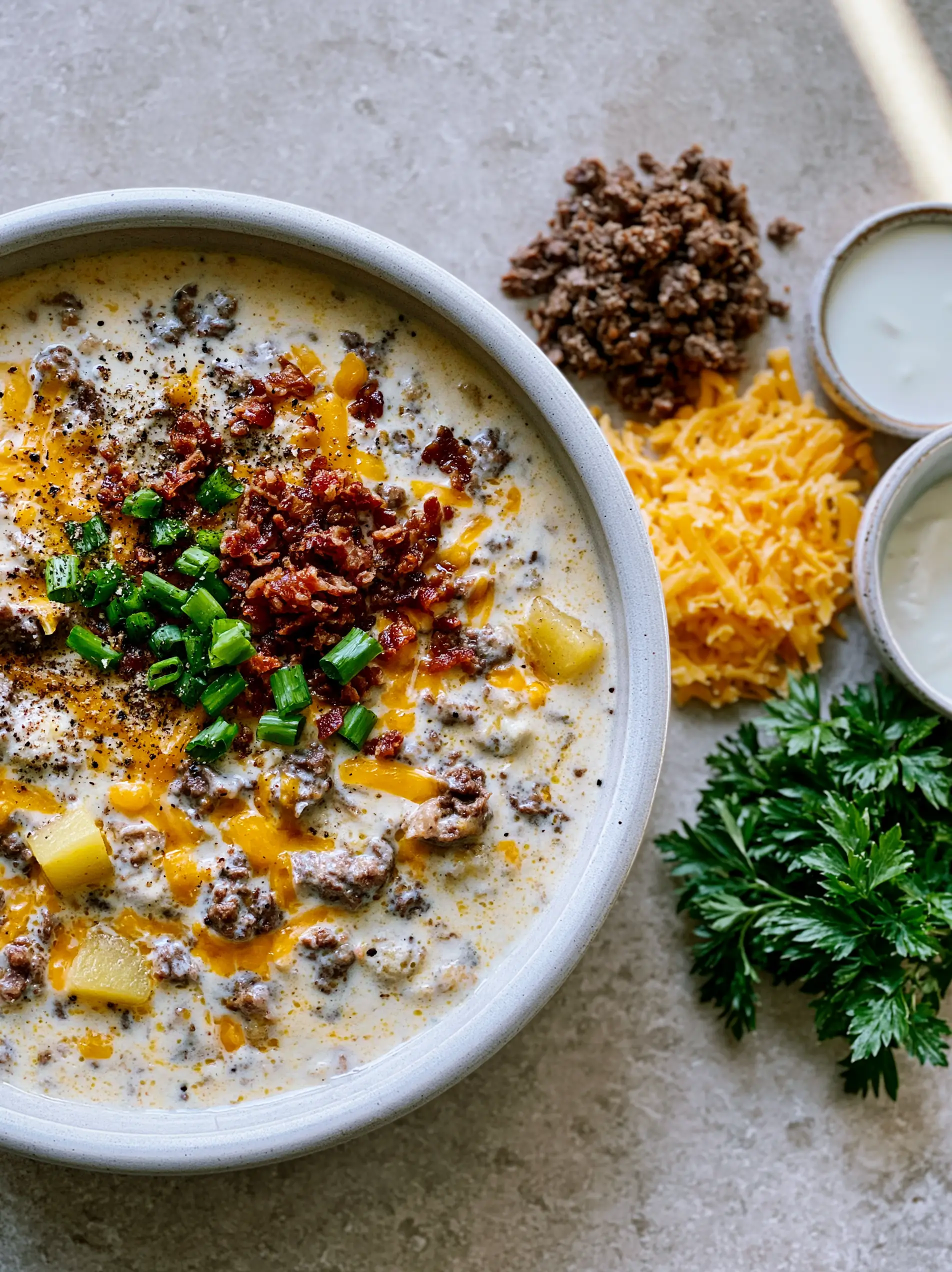 Top-down view of velvety cheeseburger soup in a white bowl showing beef chunks and scallions next to ingredient piles. (Cheeseburger soup recipe)