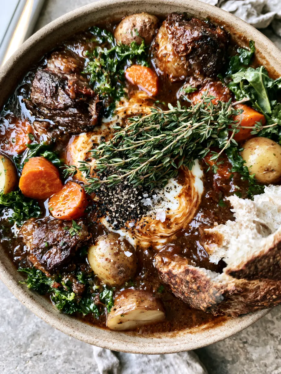 Overhead shot of seared beef chunks in a thick mahogany gravy with carrots and a cream drizzle for fall soups and stews.