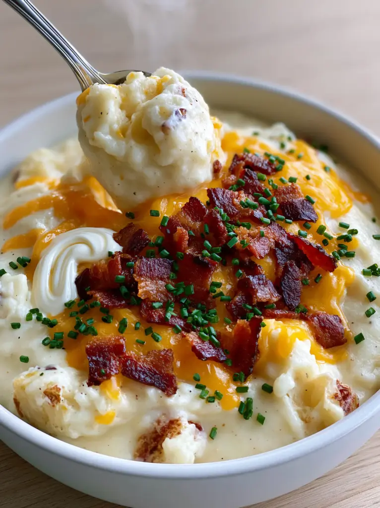Outback Potato Soup Recipe: The Ultimate Ultra-Thick Comfort Bowl 2 A silver spoon lifting a viscous glob of creamy potato soup from a white bowl. (Outback potato soup recipe)